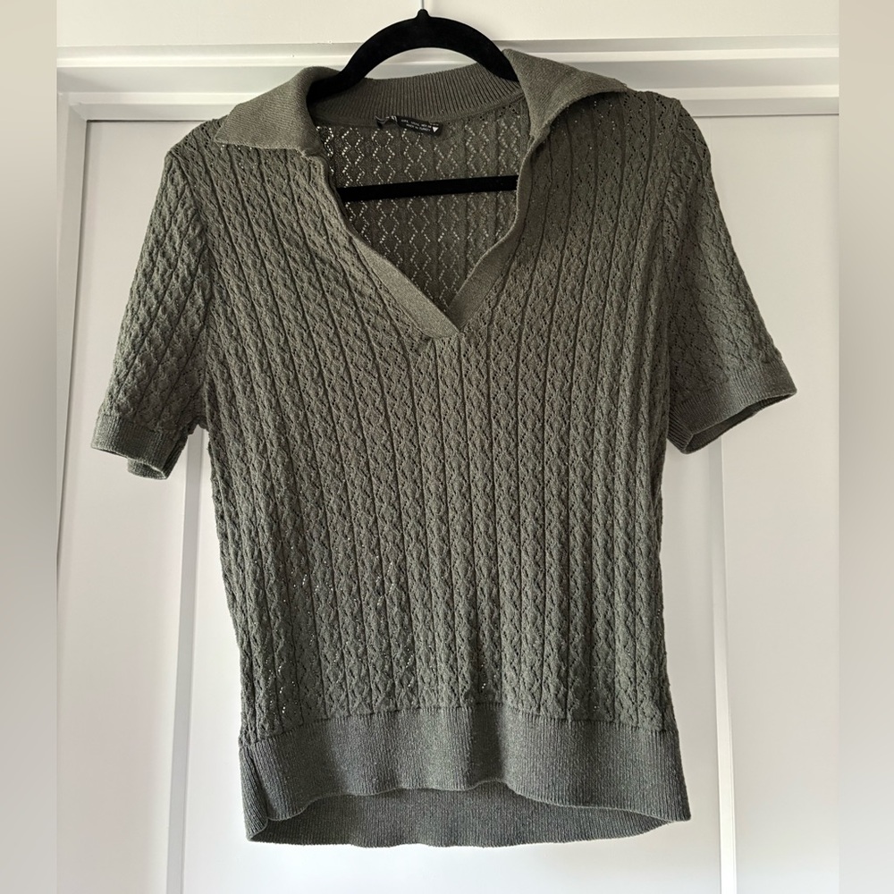 Zara Olive Green Knit Cotton Blend Polo Shirt Size Large.